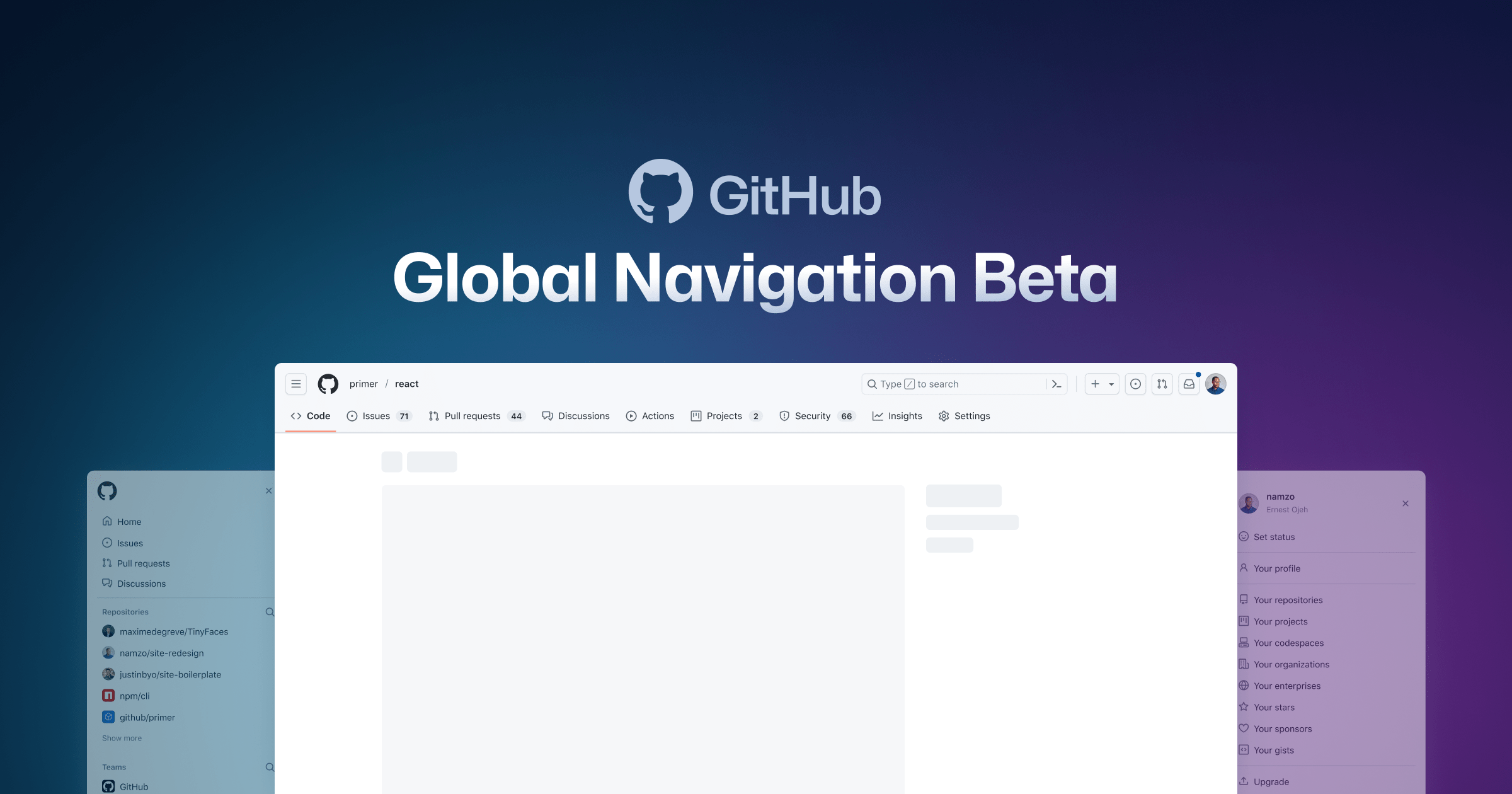 Exploring GitHub with the redesigned navigation, now in public beta