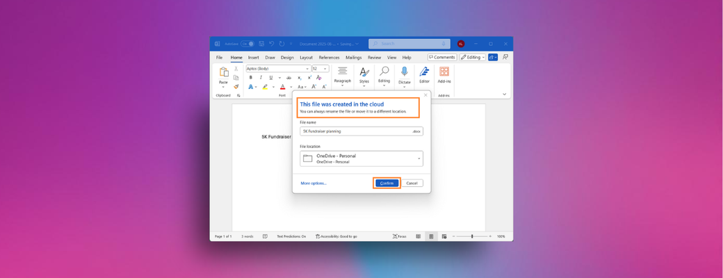 Save new files automatically to the cloud in Word for Windows
