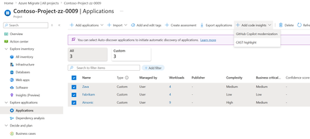 GitHub Copilot Modernize CLI(프리뷰)를 사용하여 Azure Migrate에서 대규모 코드 인사이트 생성하기