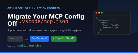 필요한 조치: Copilot CLI MCP 설정을 .vscode/mcp.json에서 다른 위치로 이전하십시오.